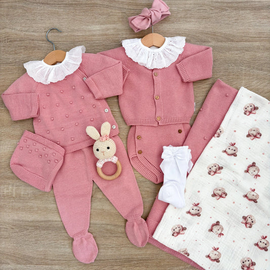 Completino neonato pompon con cuffietta