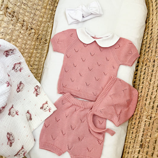 Completino manica corta neonato in cotone con cuffietta