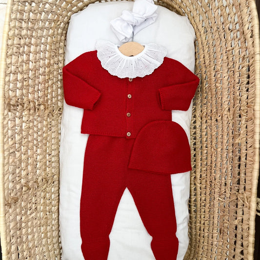 Completino neonato in misto lana – Cardigan, pantalone e cappellino