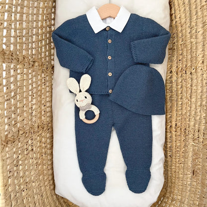 Completino neonato in misto lana – Cardigan, pantalone e cappellino