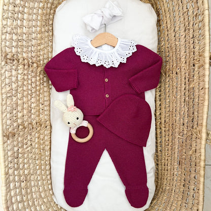 Completino neonato in misto lana – Cardigan, pantalone e cappellino