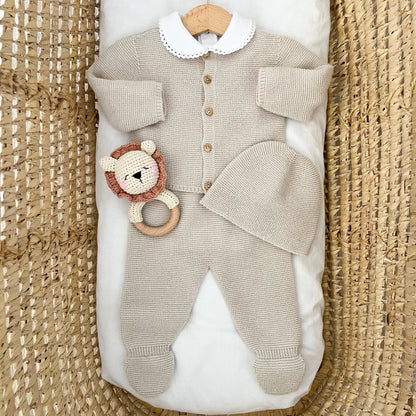 Completino neonato in misto lana – Cardigan, pantalone e cappellino