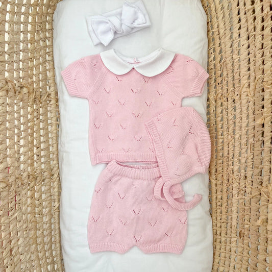 Completino manica corta neonato in cotone con cuffietta